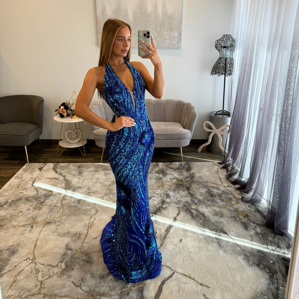 Amarra 89203 Bright Royal Turquoise Halter Prom Dress 