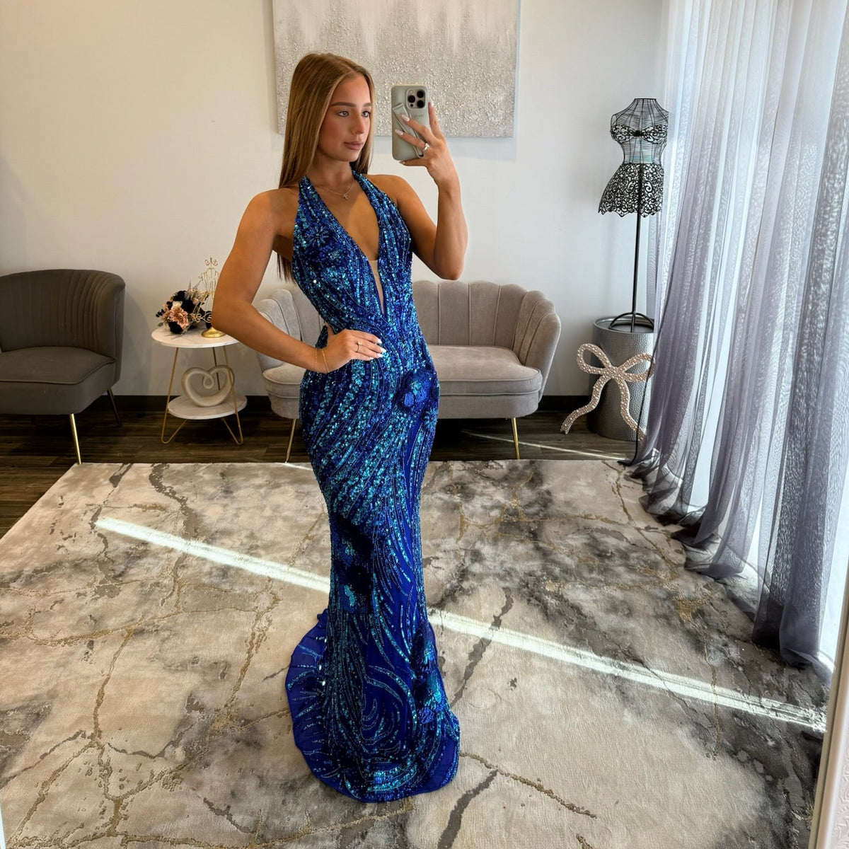 Amarra 89203 Bright Royal Turquoise Halter Prom Dress 