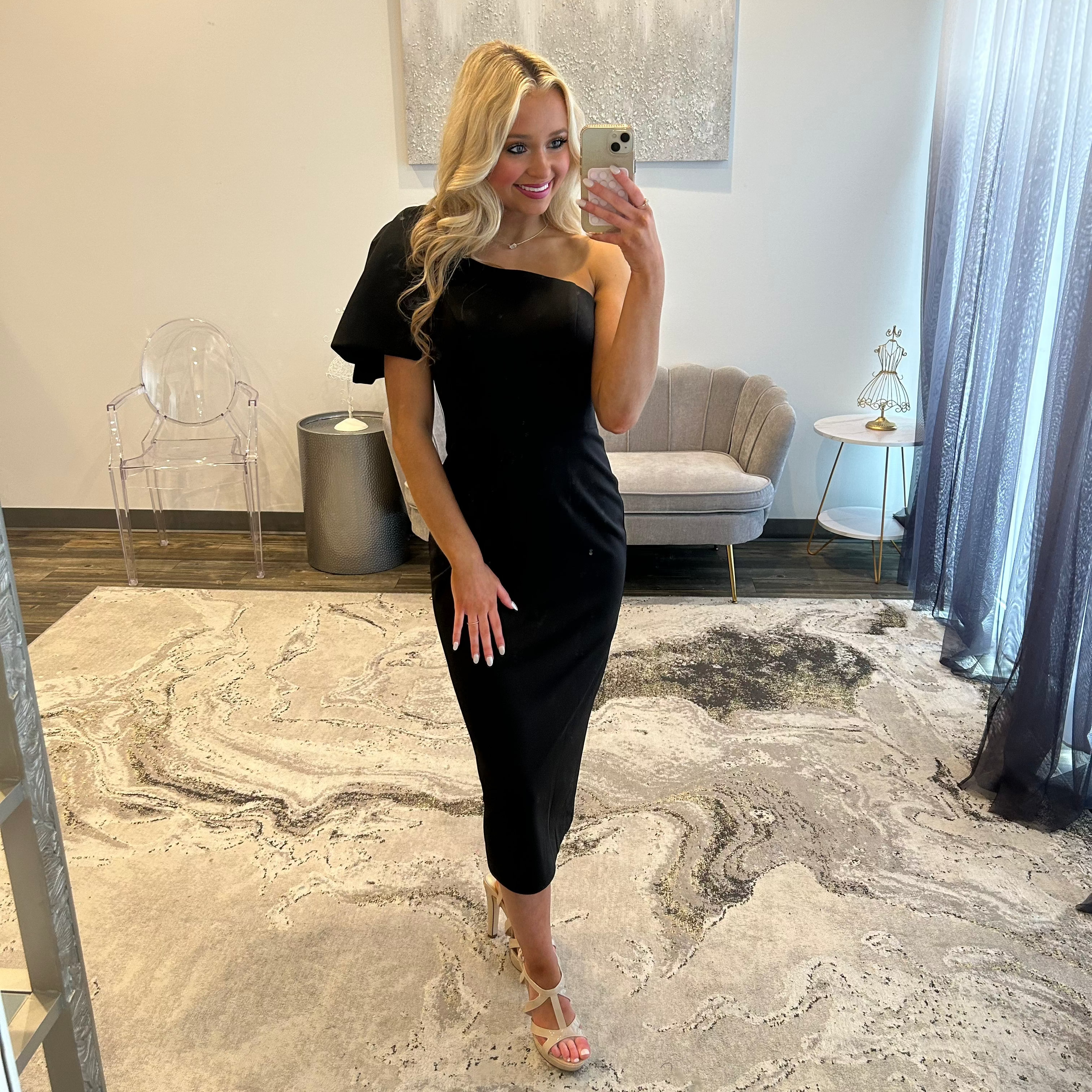 Ava Presley 29271 Black One Shoulder Midi Dress 