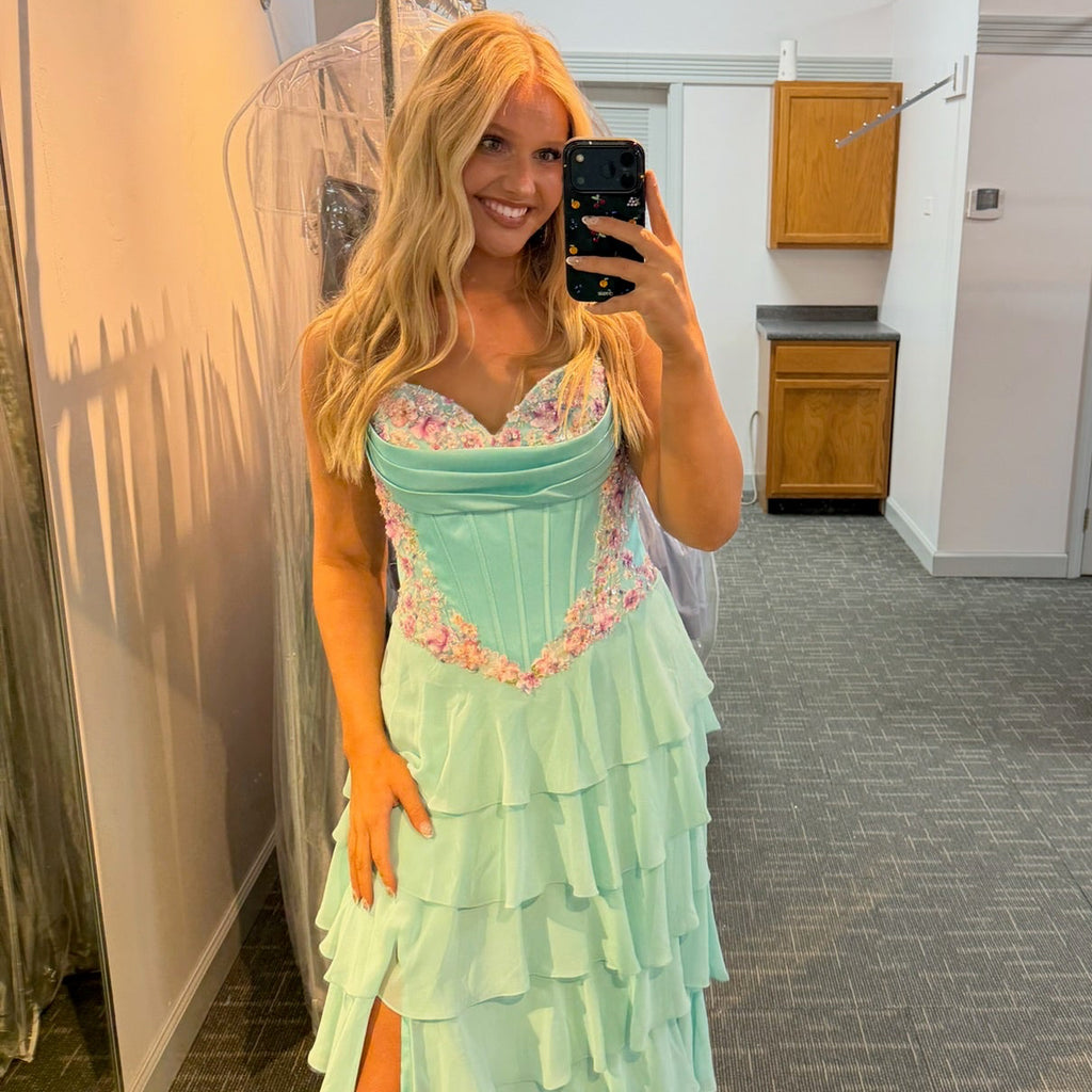 Dave and Johnny 12966 Aqua Floral Prom Dress 