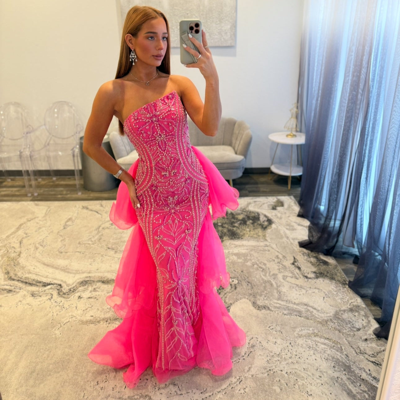 Jovani 24565 Hot Pink Prom Dress with Overskirt Train 