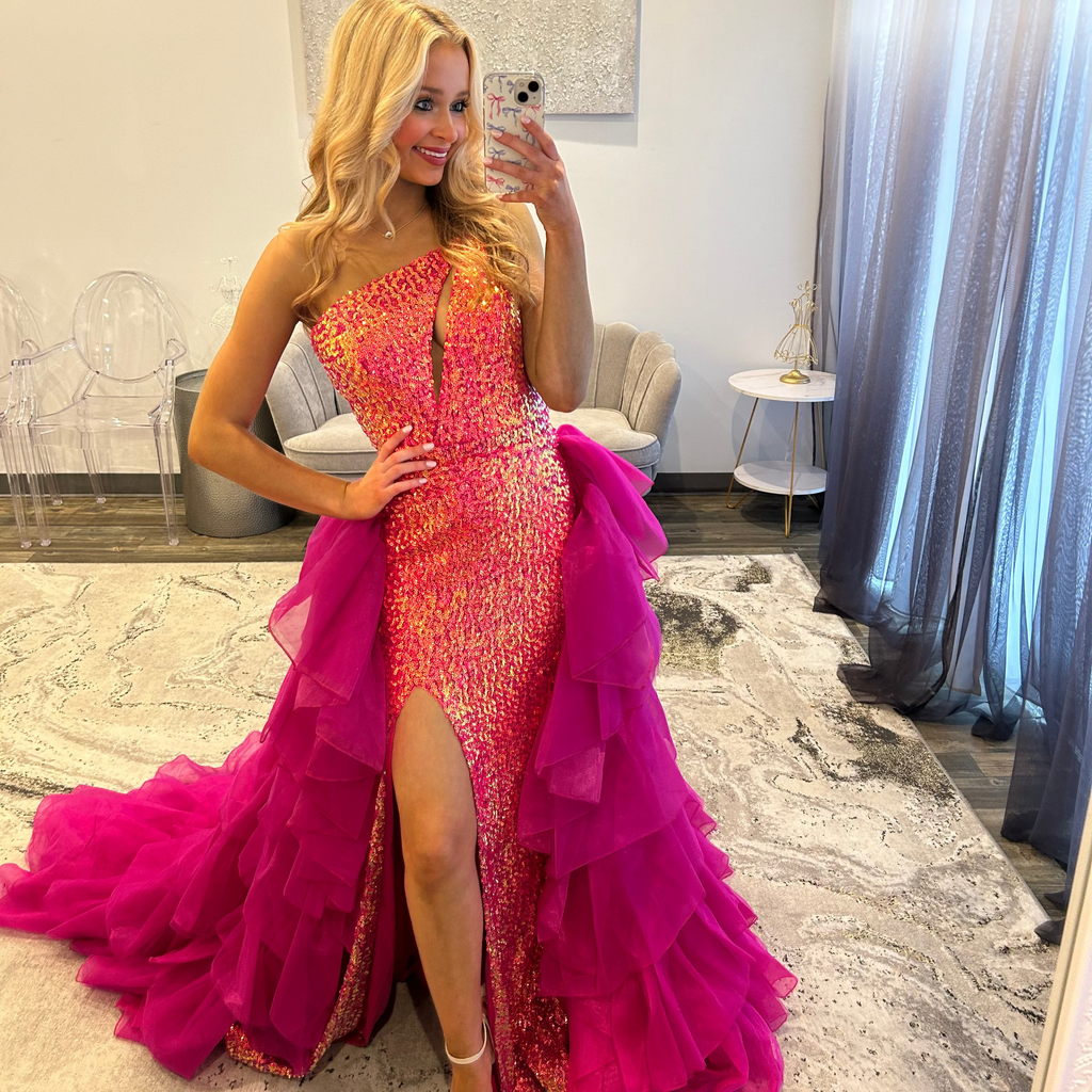 Jovani 37689 Hot Pink One Shoulder Prom Dress with Overskirt 