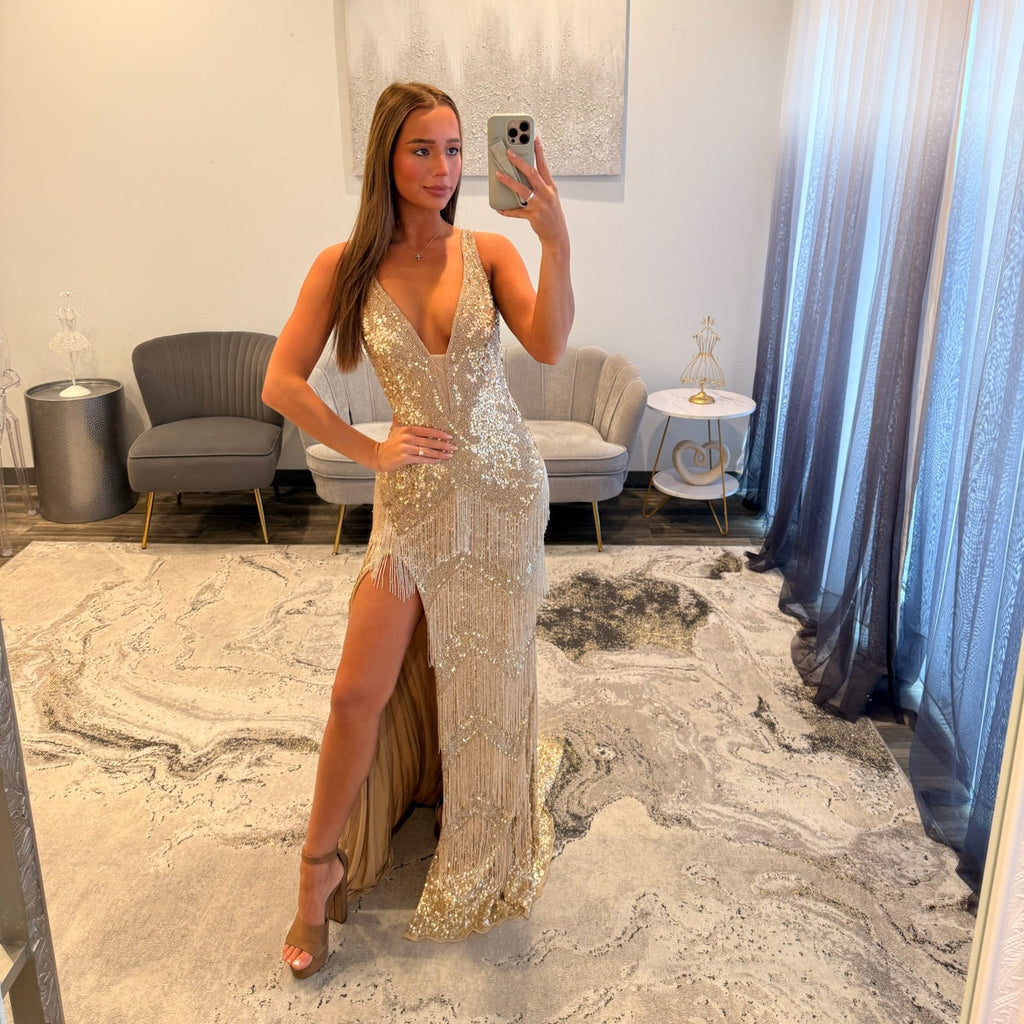 Jovani 38847 Champagne Gold Fringe Dress with Slit