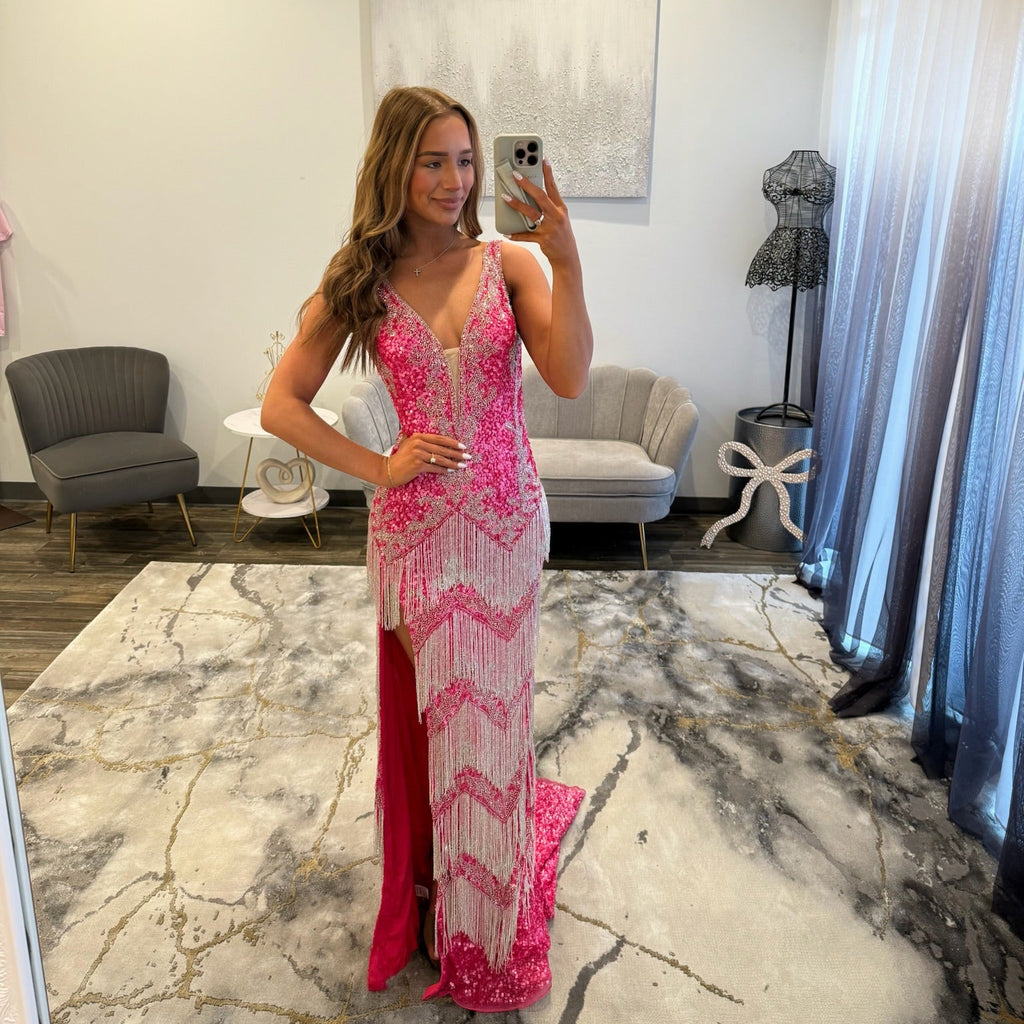 Jovani 38847 Hot Pink Fringe Prom Dress with Slit 
