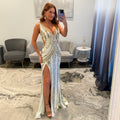 Jovani 43953 White Gold Prom Dress with Slit 