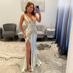 Jovani 43953 White Gold Prom Dress with Slit 