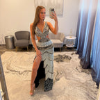 Jovan i46095 Black Silver Fringe Prom Dress with Slit 