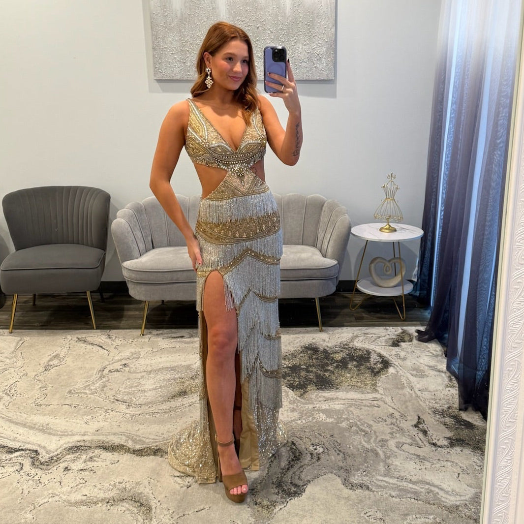 Jovan i46095 Nude Gold  Silver Fringe Cut Out Prom Dress with Slit 