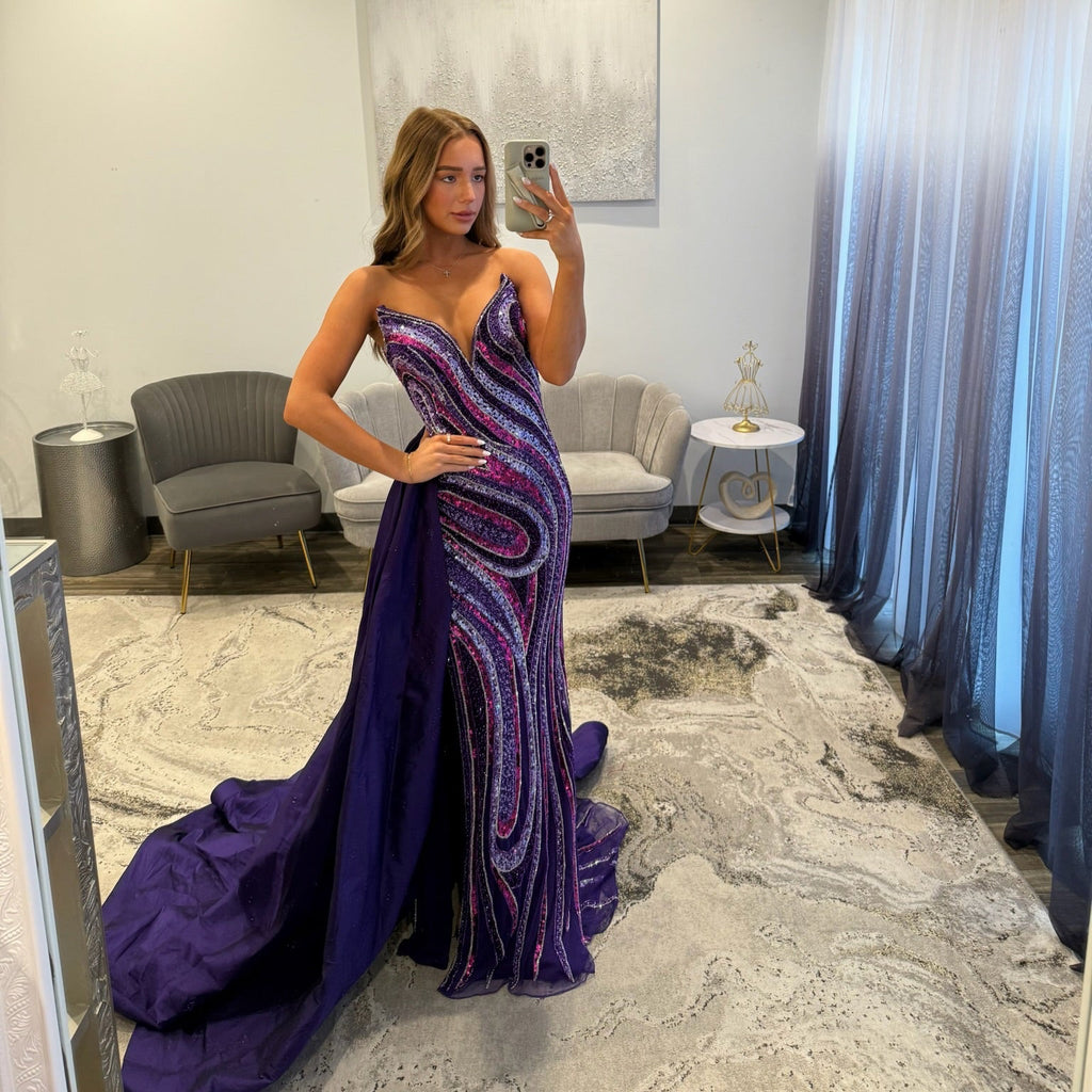 Jovani 49226 Purple Multi Prom Dress iwht Long Cape and Train 