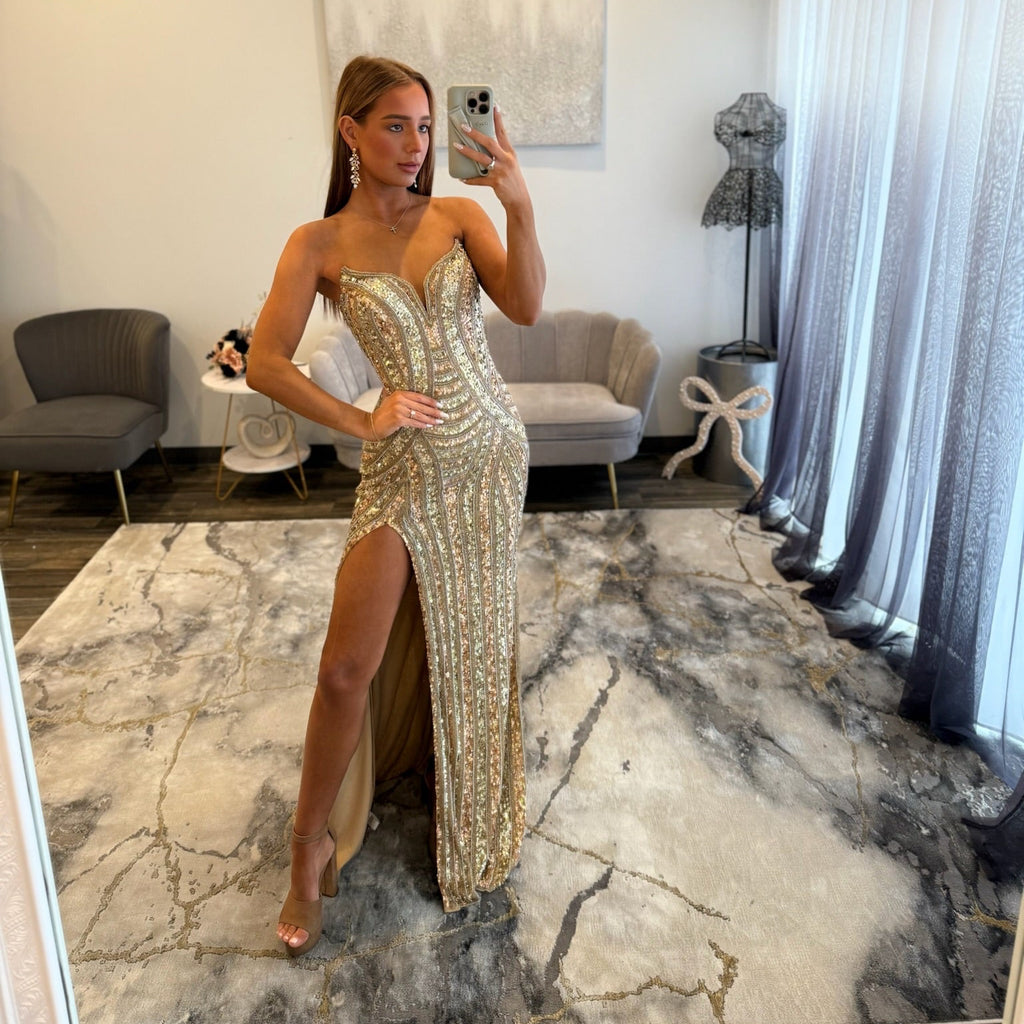 Jovani 4232 Nude Gold Prom Dress 