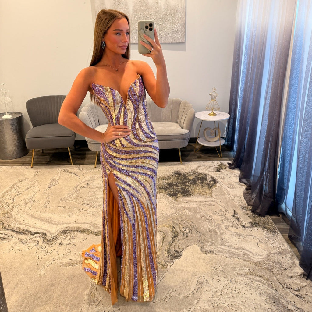 Jovani 49239 Gold Lilac Prom Dress with Slit 