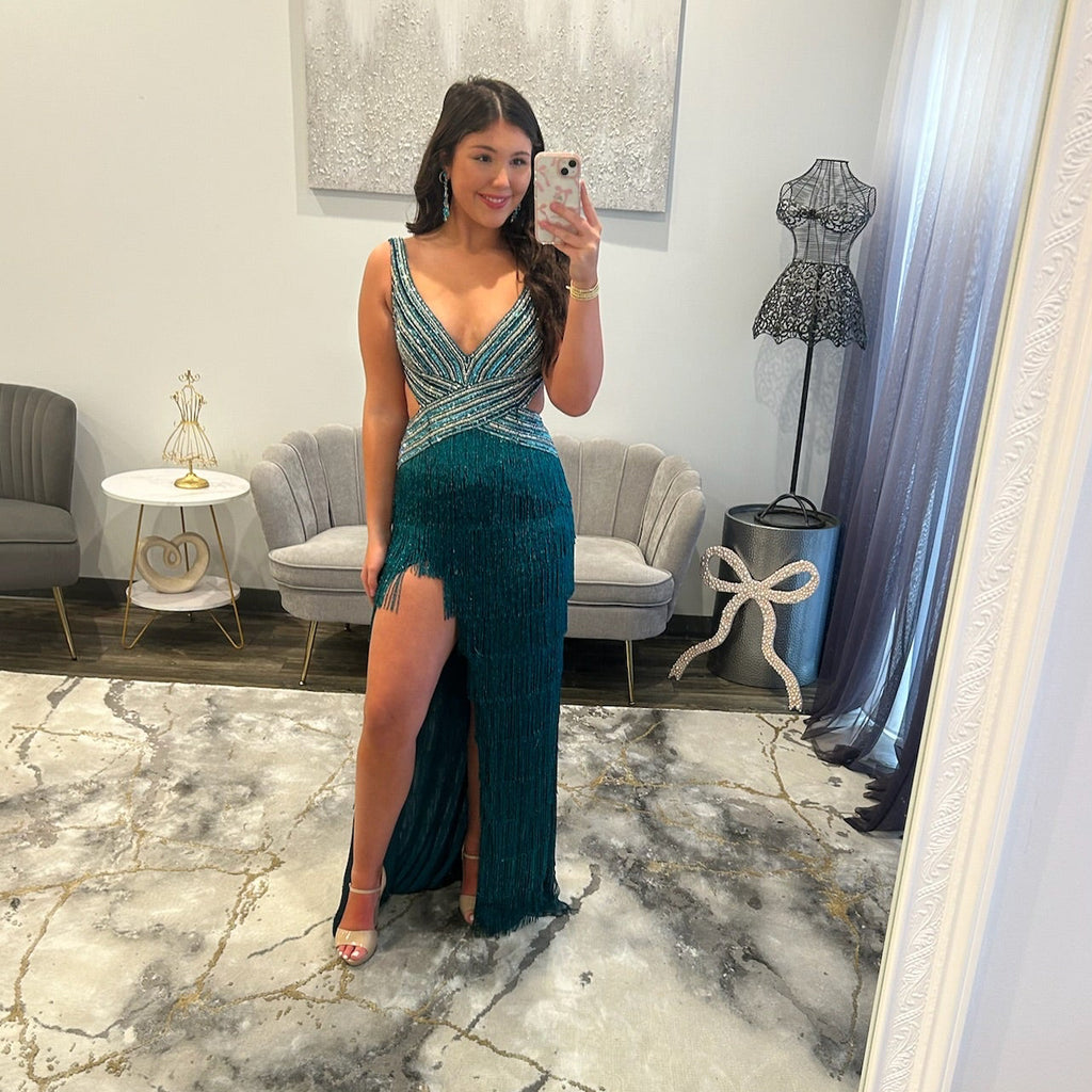 Jovani 42629 Teal Fringe Cut Out with Slit Prom Dress 