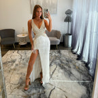 Jovani 49269 White Gold Prom Dress Fringe with Slit 