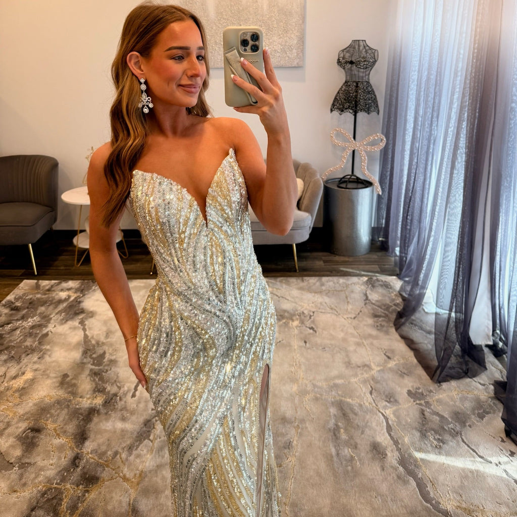 JoycesTPR Portia and Scarlett PS26419C Ivory Gold Prom Dress 
