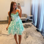 Print, Stones, Corset, Ruffles, Short Dress 