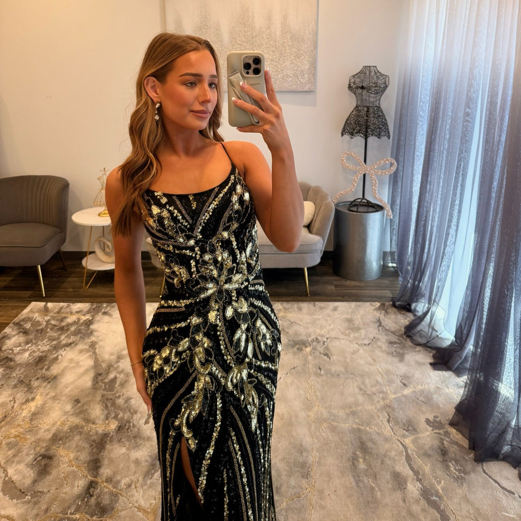 JoycesTPR Primavera 4519 Black and Gold Prom Dress Close Up 