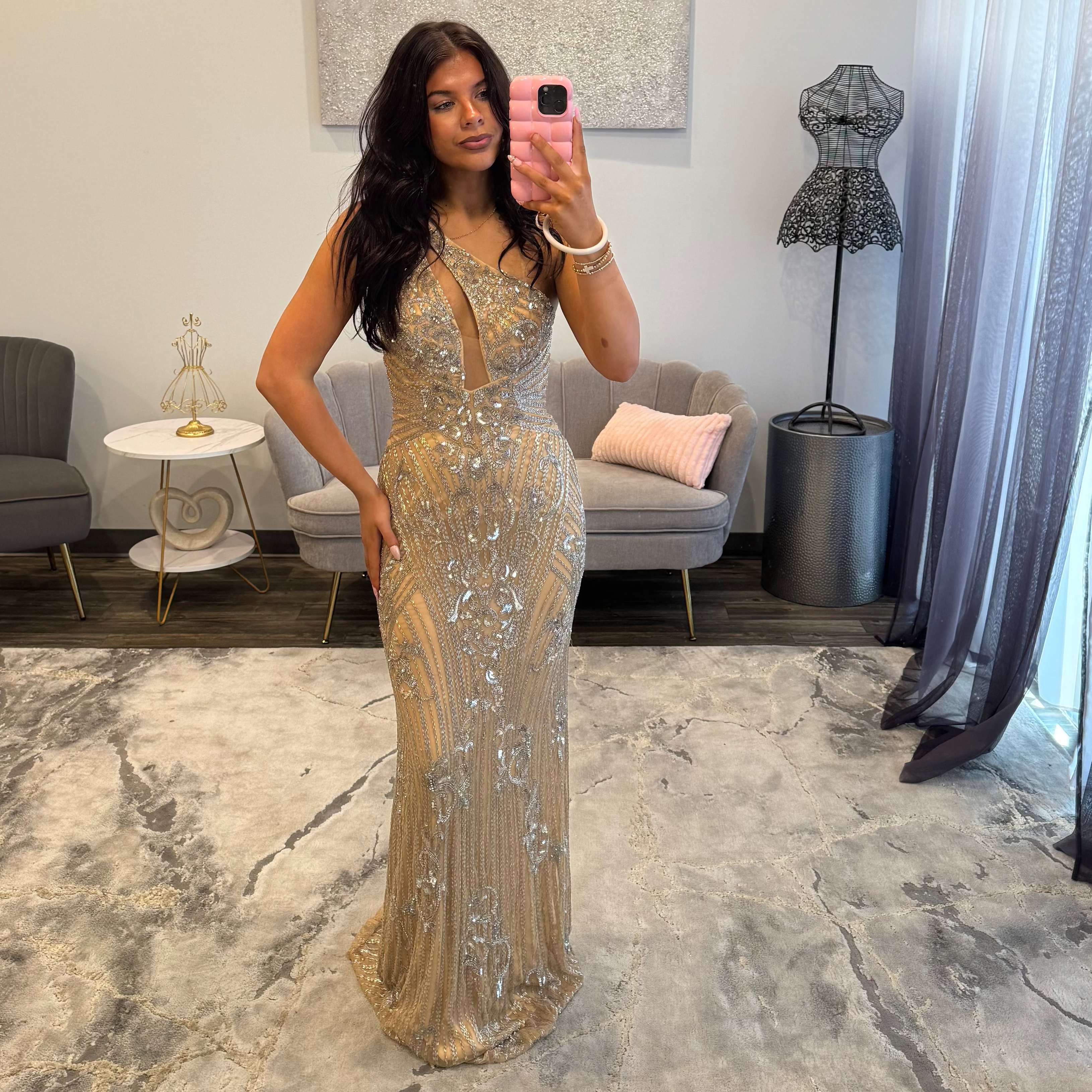 JoycesTPR Sherri Hill 55692 Nude Silver Prom