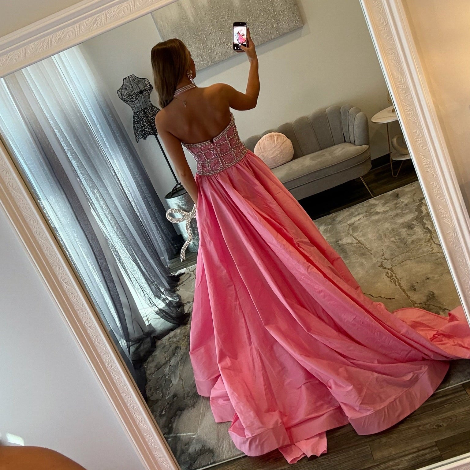 JoycesTPR Sherri Hill 57496 Candy Pink Ivory Silver Prom Dress Back