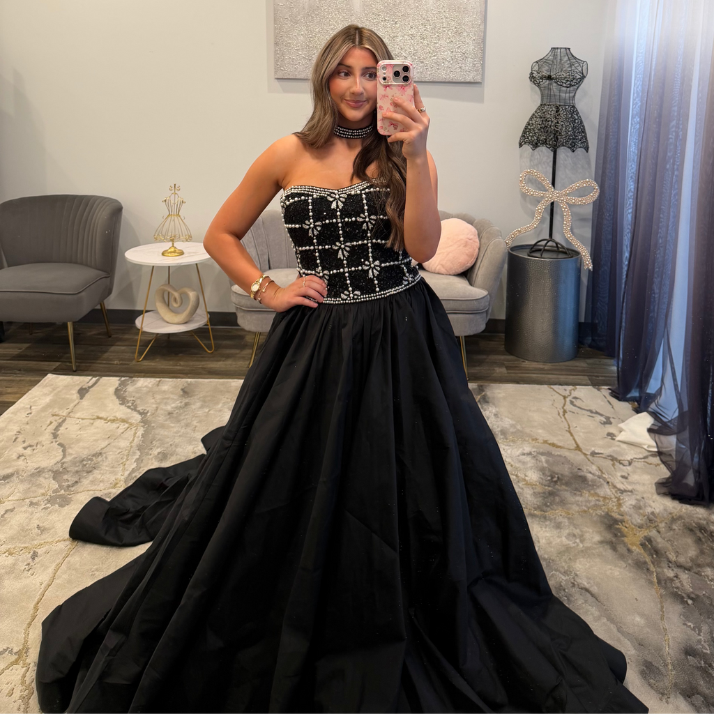 JoycesTPR Sherri Hill 57496 Black Silver Ivory  Prom Dress  Up Close 2026 