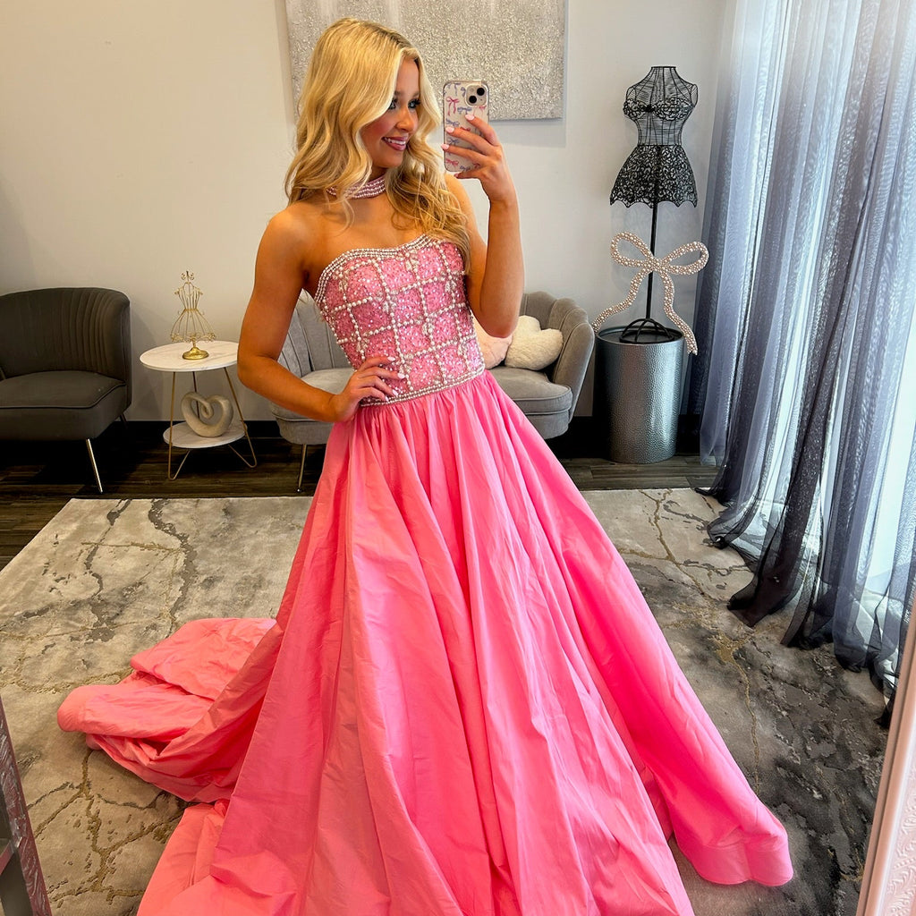 JoycesTPR Sherri Hill 5749 Candy Pink Ivory Silver Prom Dress 
