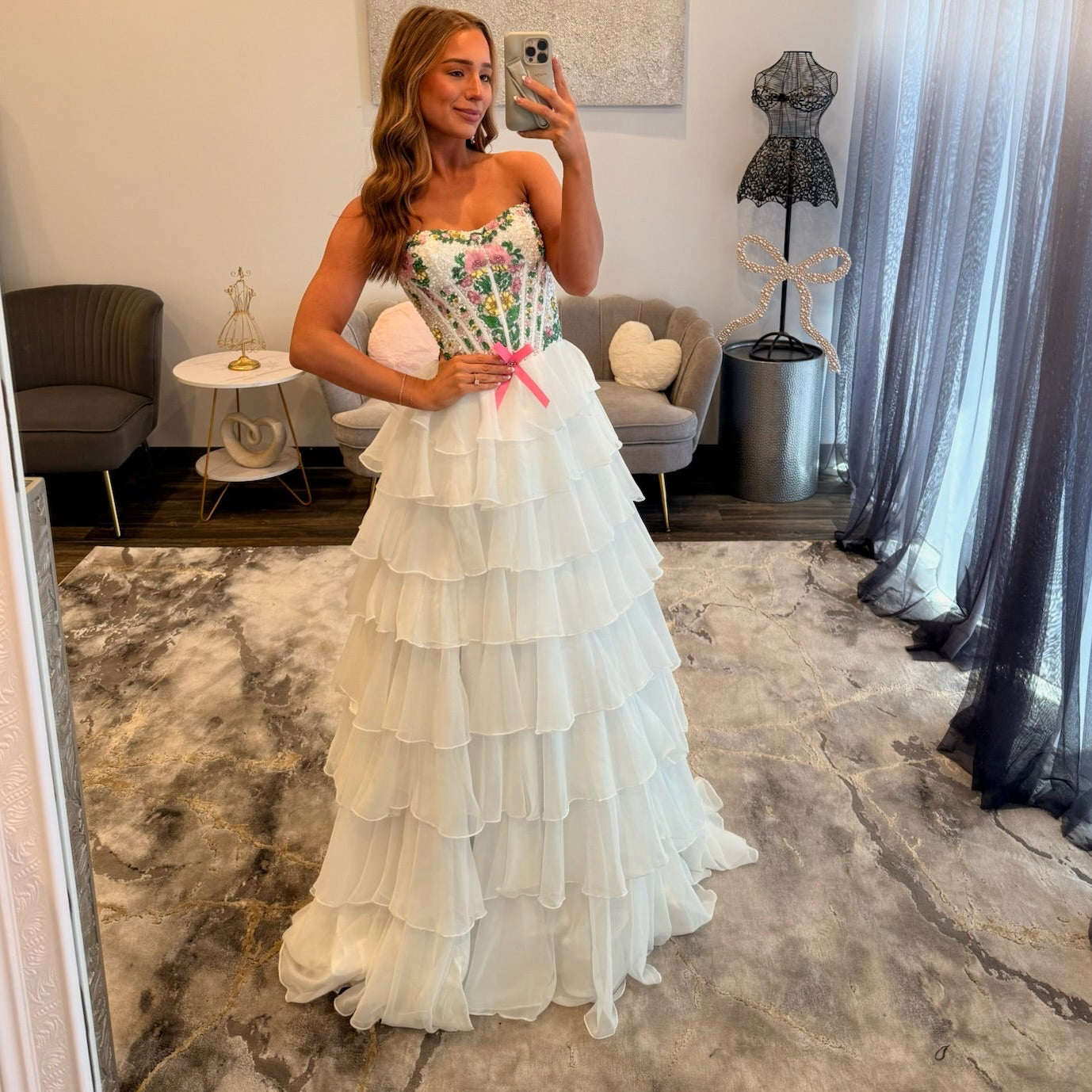 JoycesTPR Sherri Hill 57750 Ivory Multi Floral Ruffle Prom Dress 
