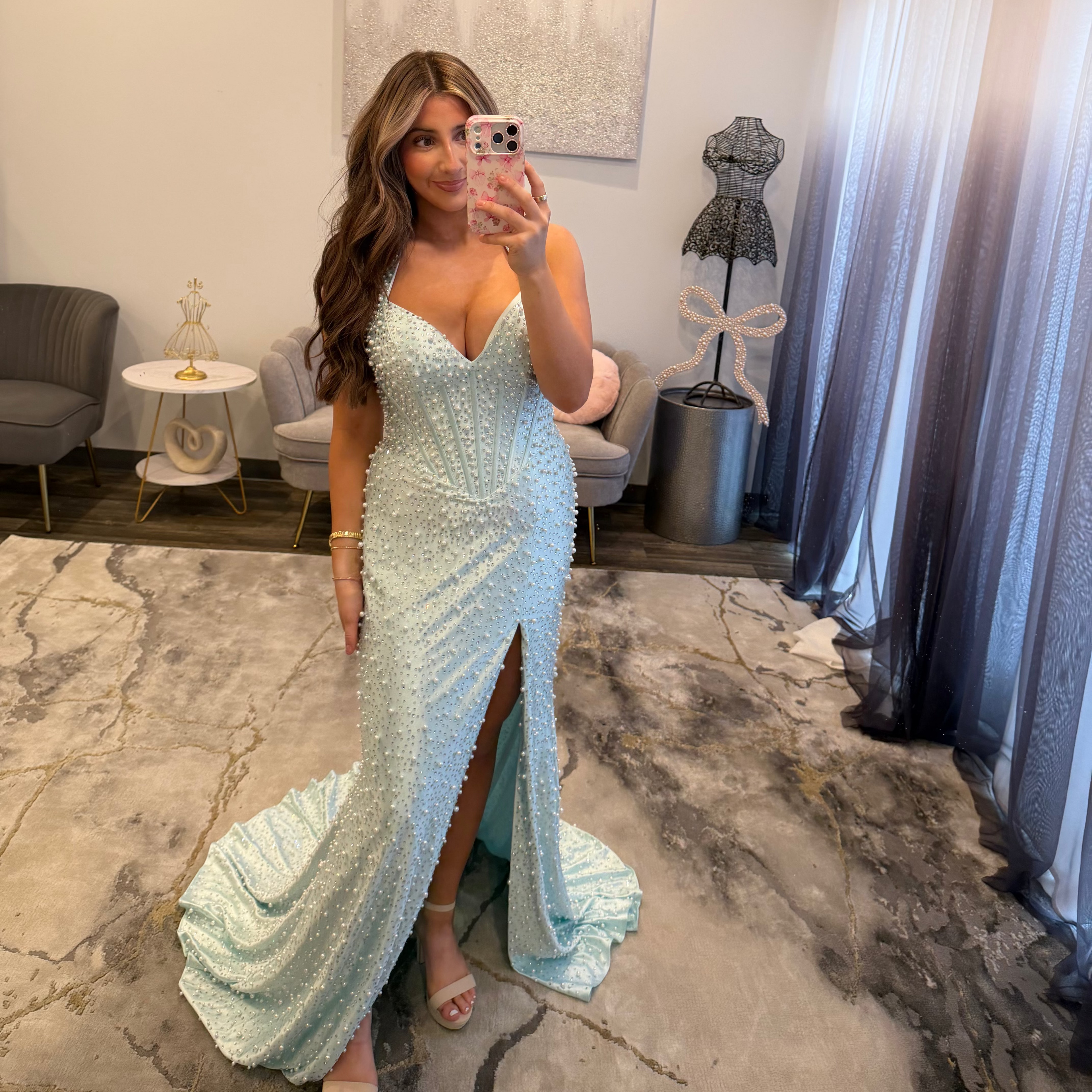 JoycesTPR Sherri Hill 58005 Aqua Silver Prom Dress 