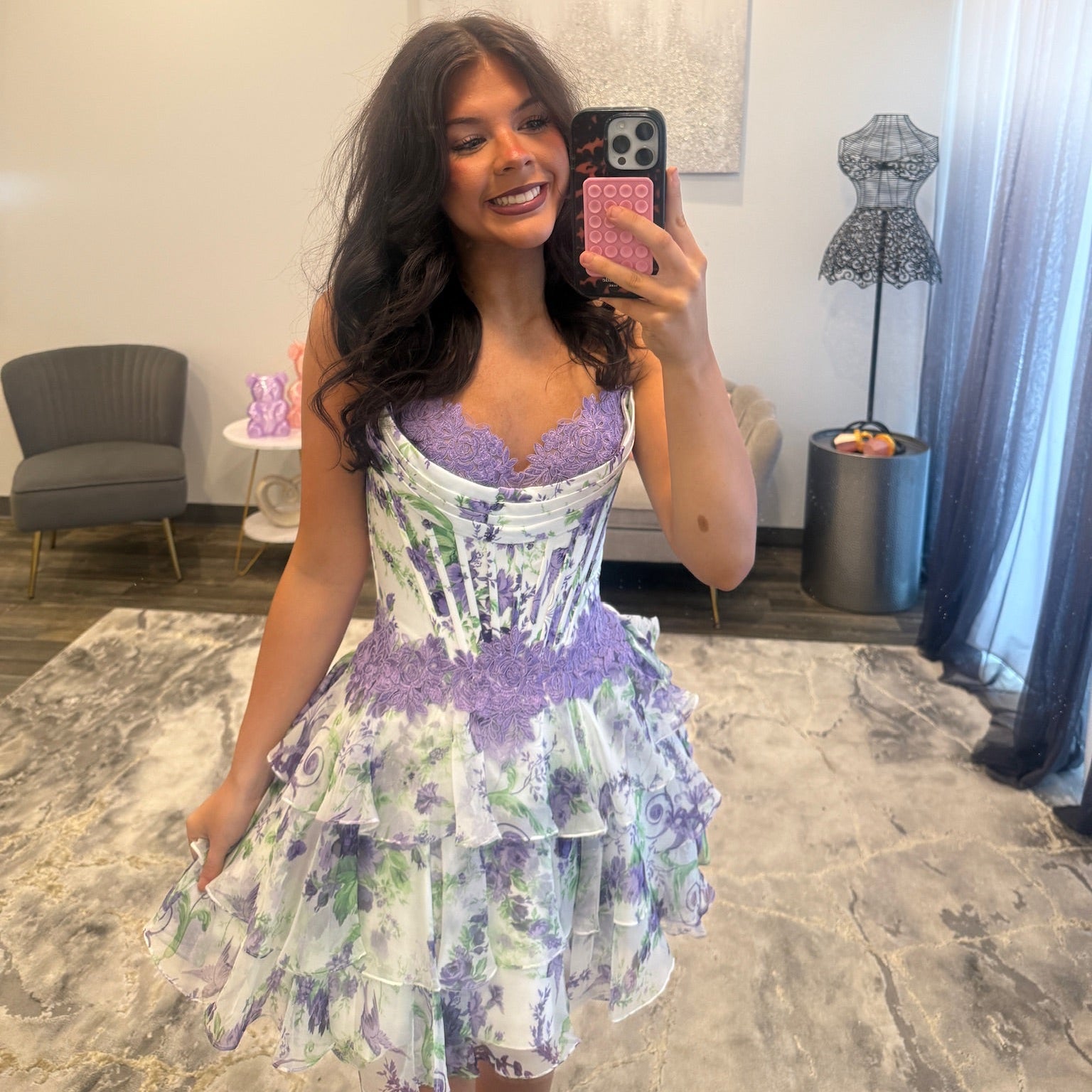 JoycesTPR Sherri Hill 58056 Purple Green Print  Close 