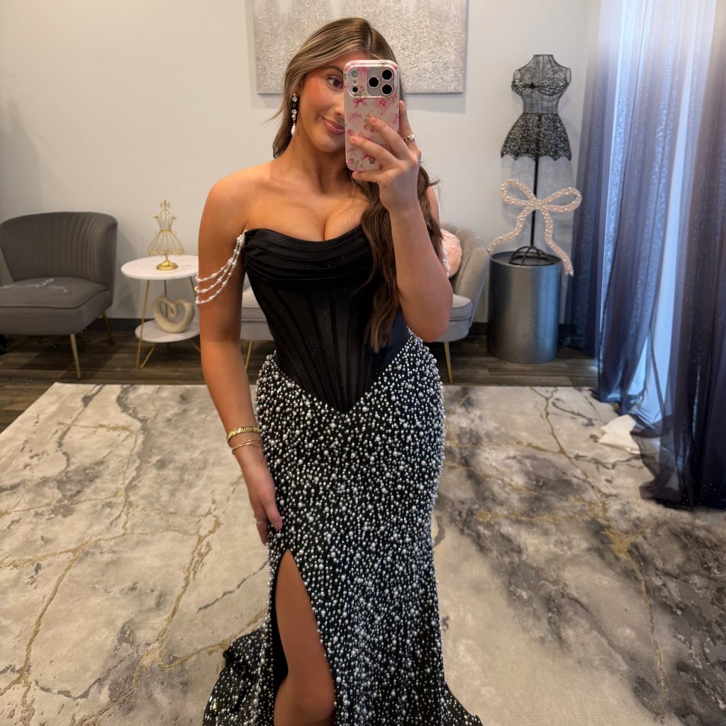 JoycesTPR Sherri Hill 58093 Black Silver Ivory Prom Dress Up Close 