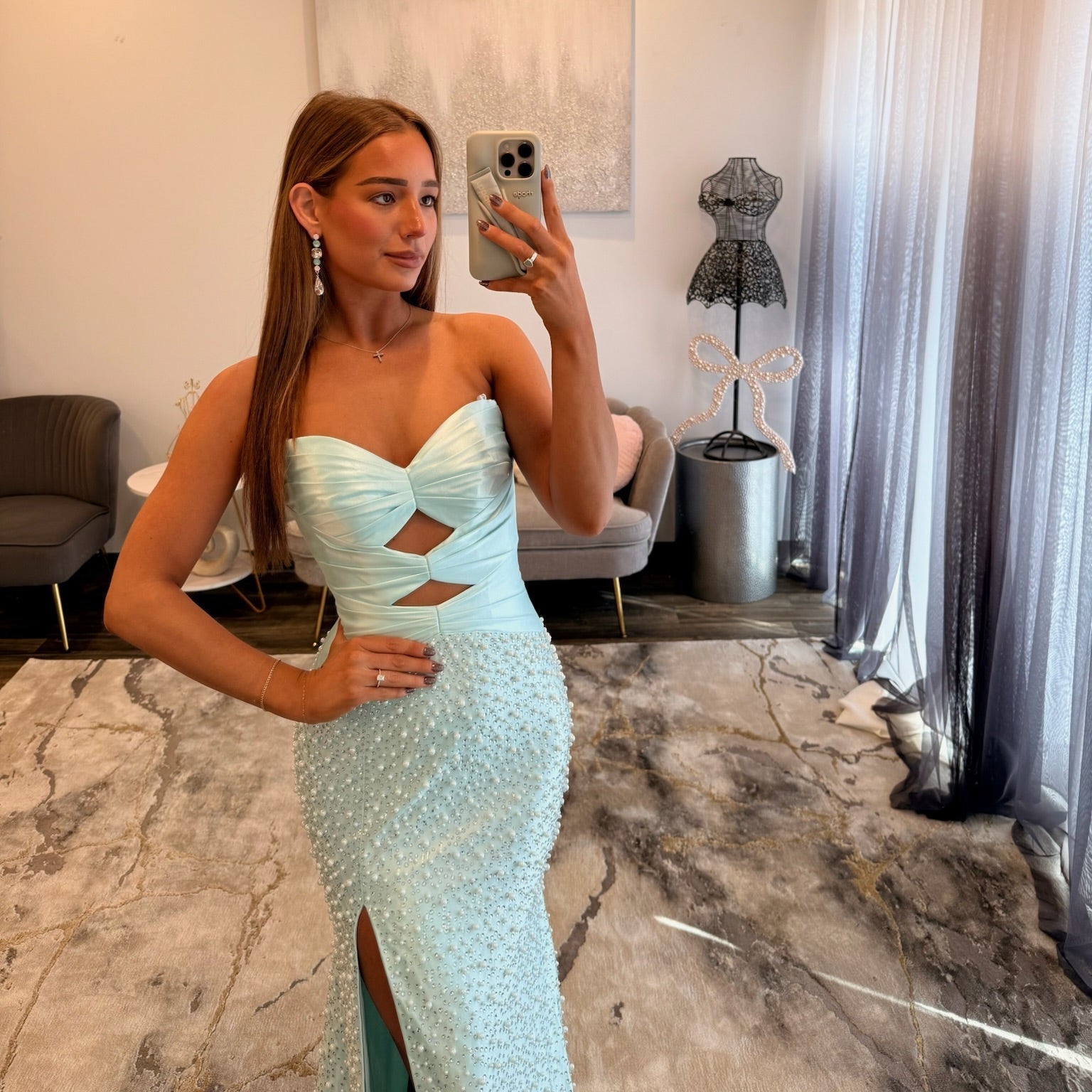 JoycesTPR Sherri Hill 58094 Aqua Silver Prom Dress Close Up
