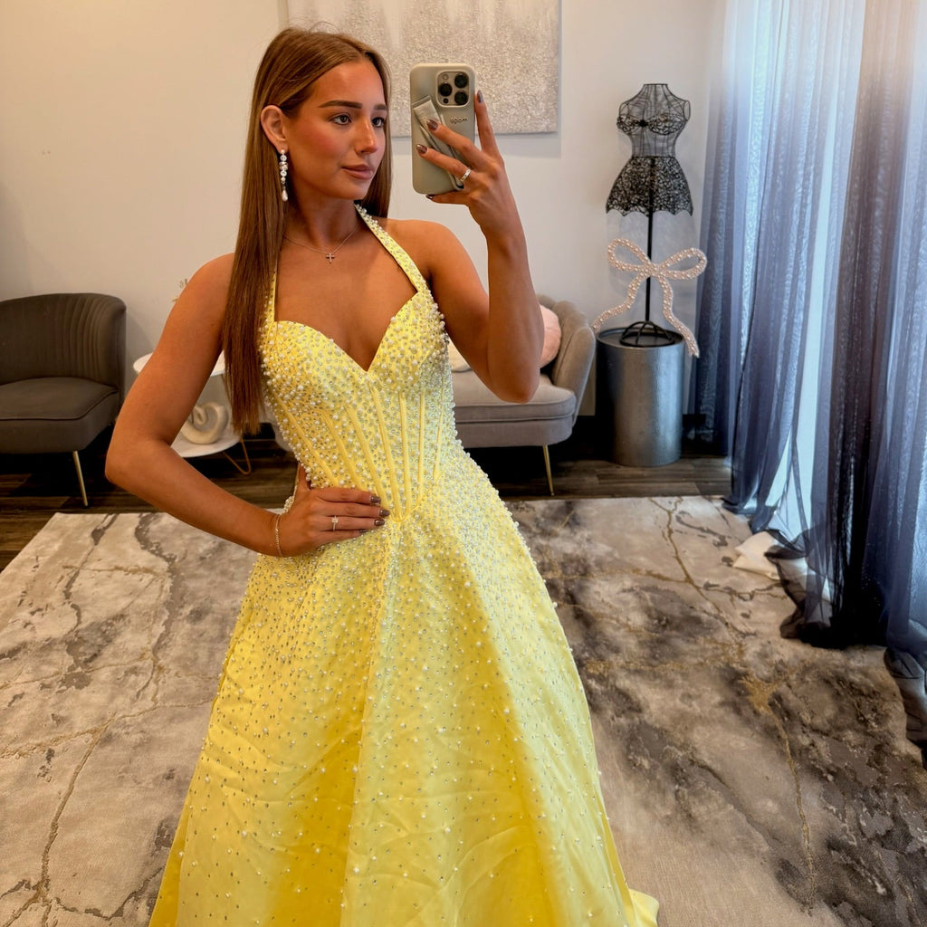 JoycesTPR Sherri Hill 8096 Yellow Silver  Prom Dress 