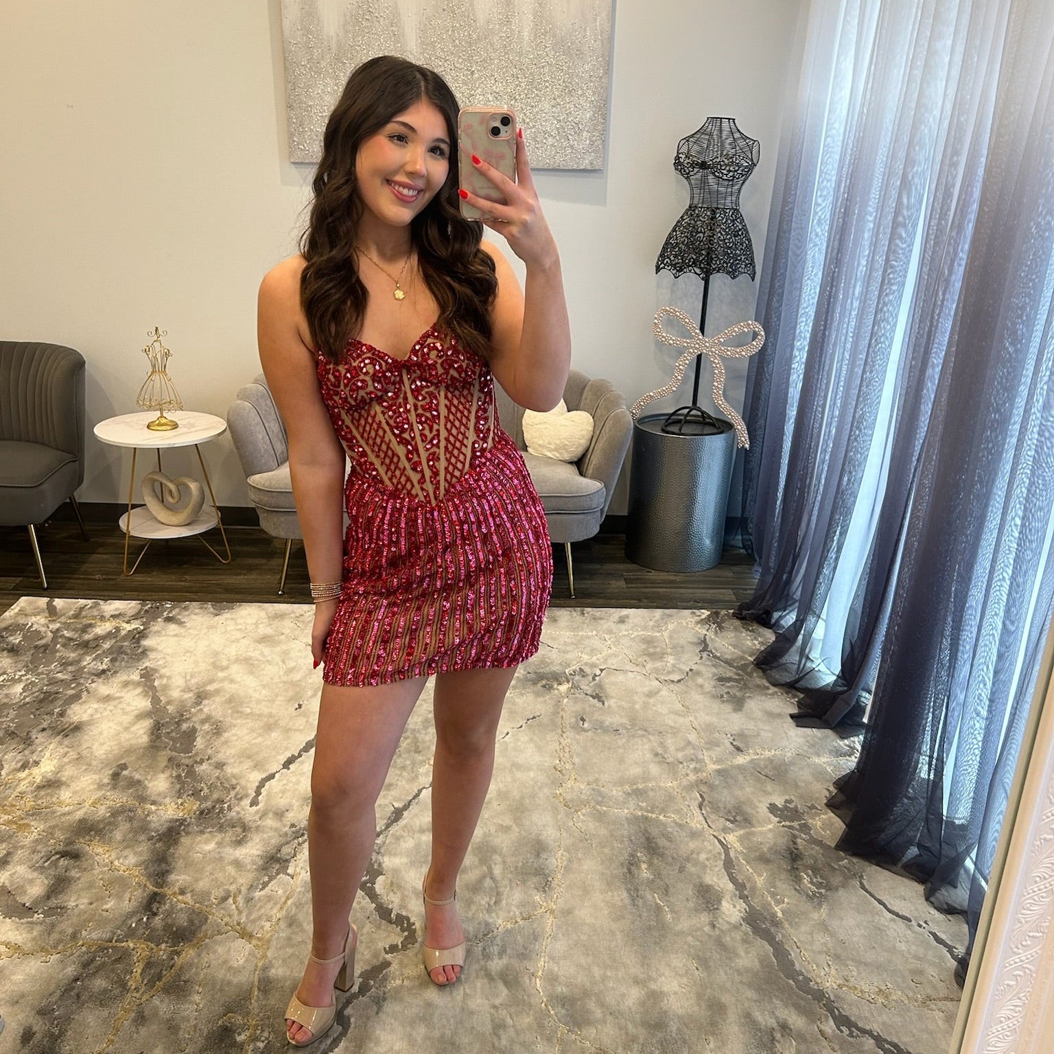 JoycesTPR Sherri Hill Nude Red Fuchsia 57267 Short Dress 