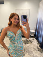 Portia and Scarlett  PS26413C Nude Aqua Prom Dress Close Up 