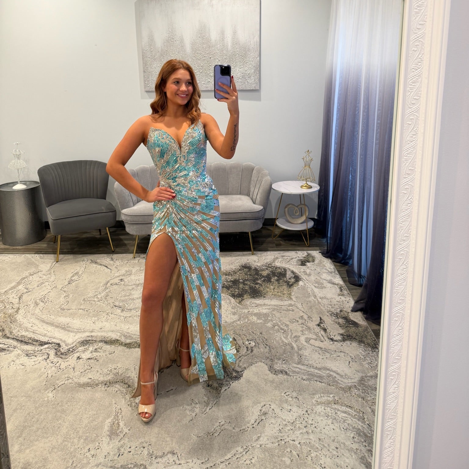 Portia and Scarlett  PS26413C Nude Aqua Prom Dress 