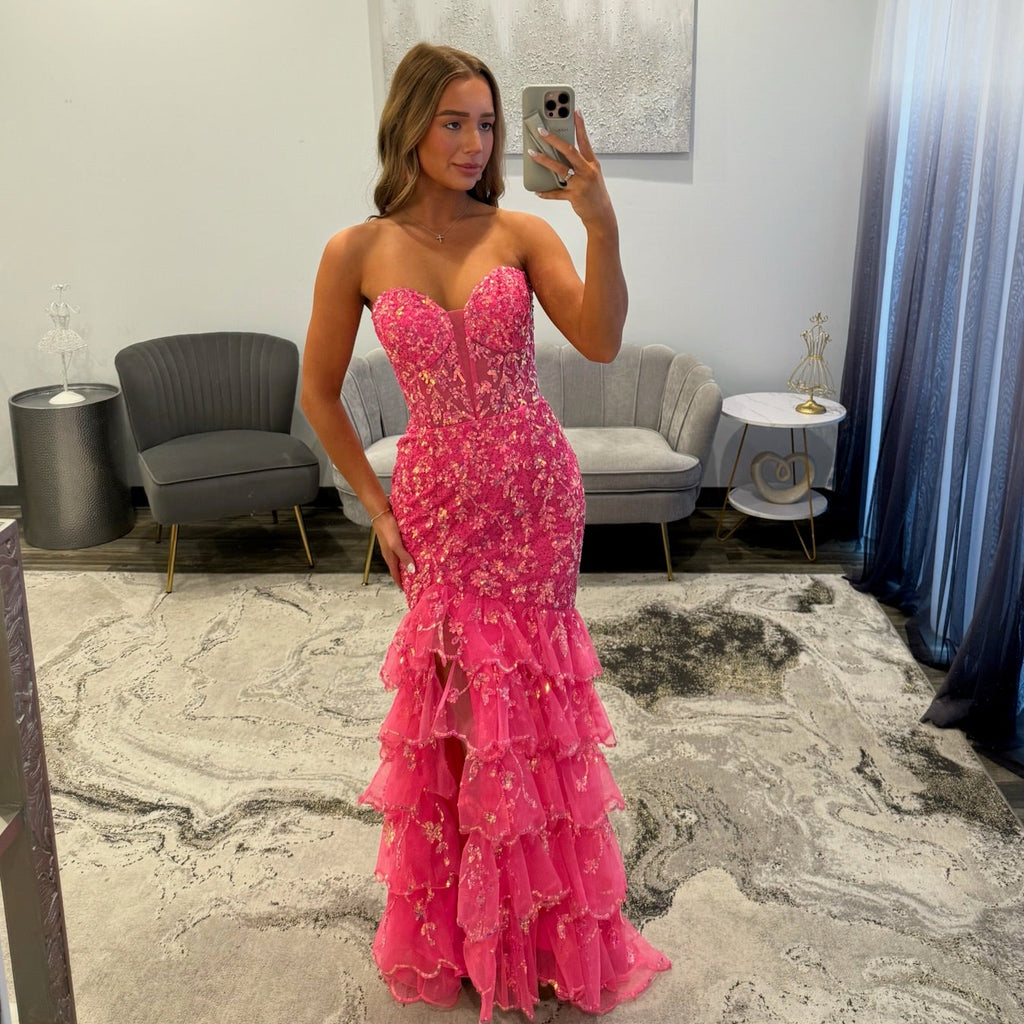 Primavera 4507 Neon Pink Prom Dress with Ruffles and Slit 