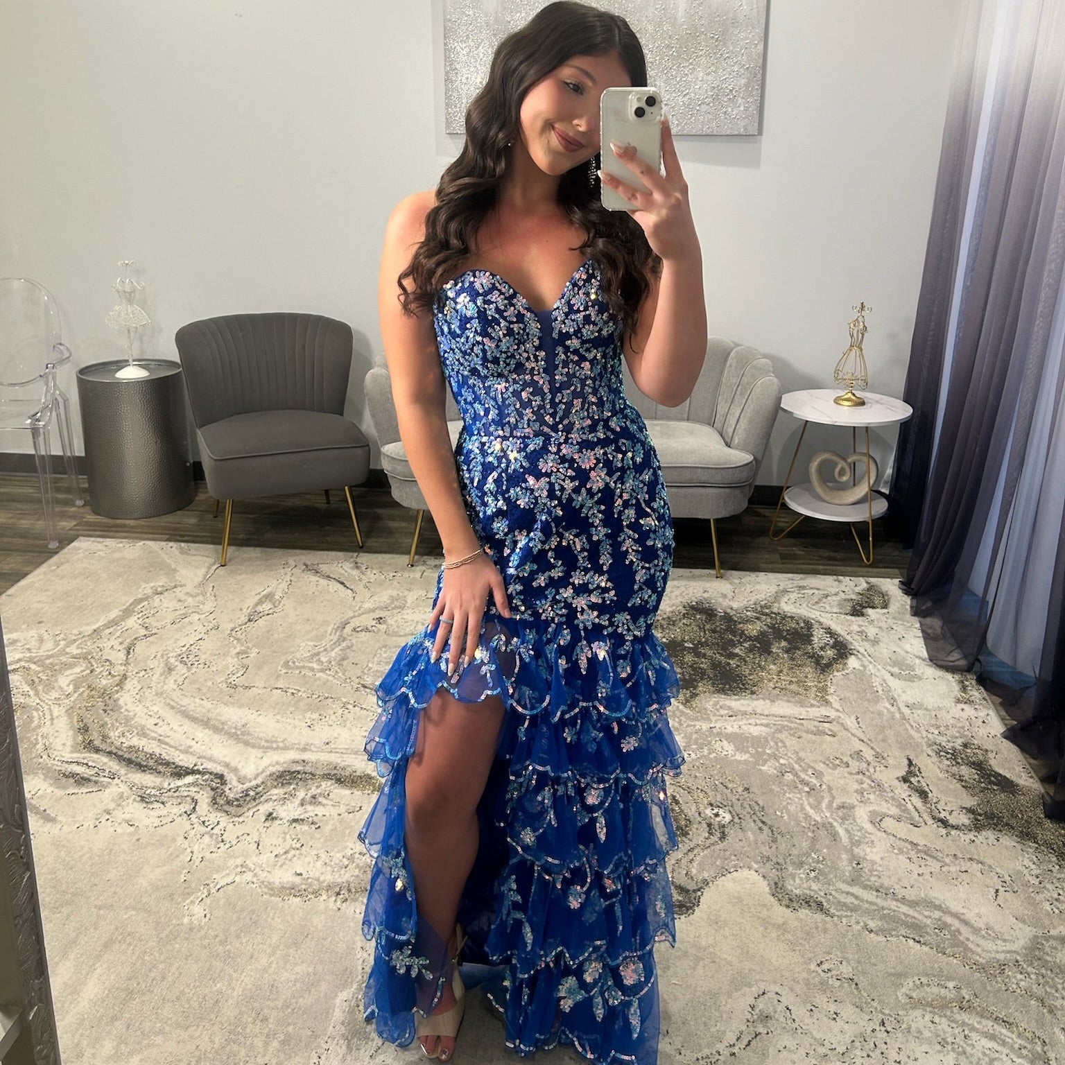 Primavera 4507 Royal Blue Prom Dress with Ruffles and Slit 