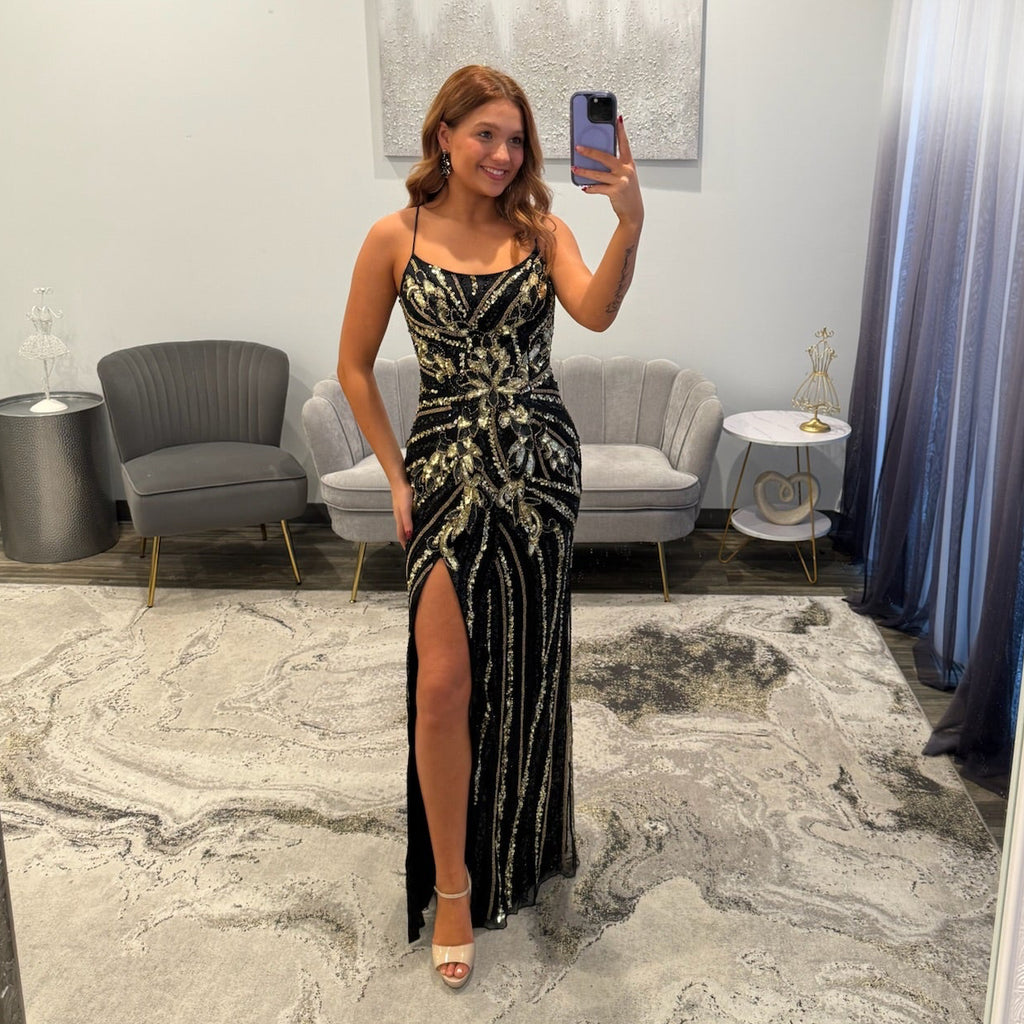 Primavera 4519 Black Gold Prom Dress with Slit and Lace Up Back 