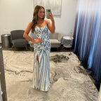 Primavera 4519 Ivory Blue Prom Dress with Slit and Lace Up Back 