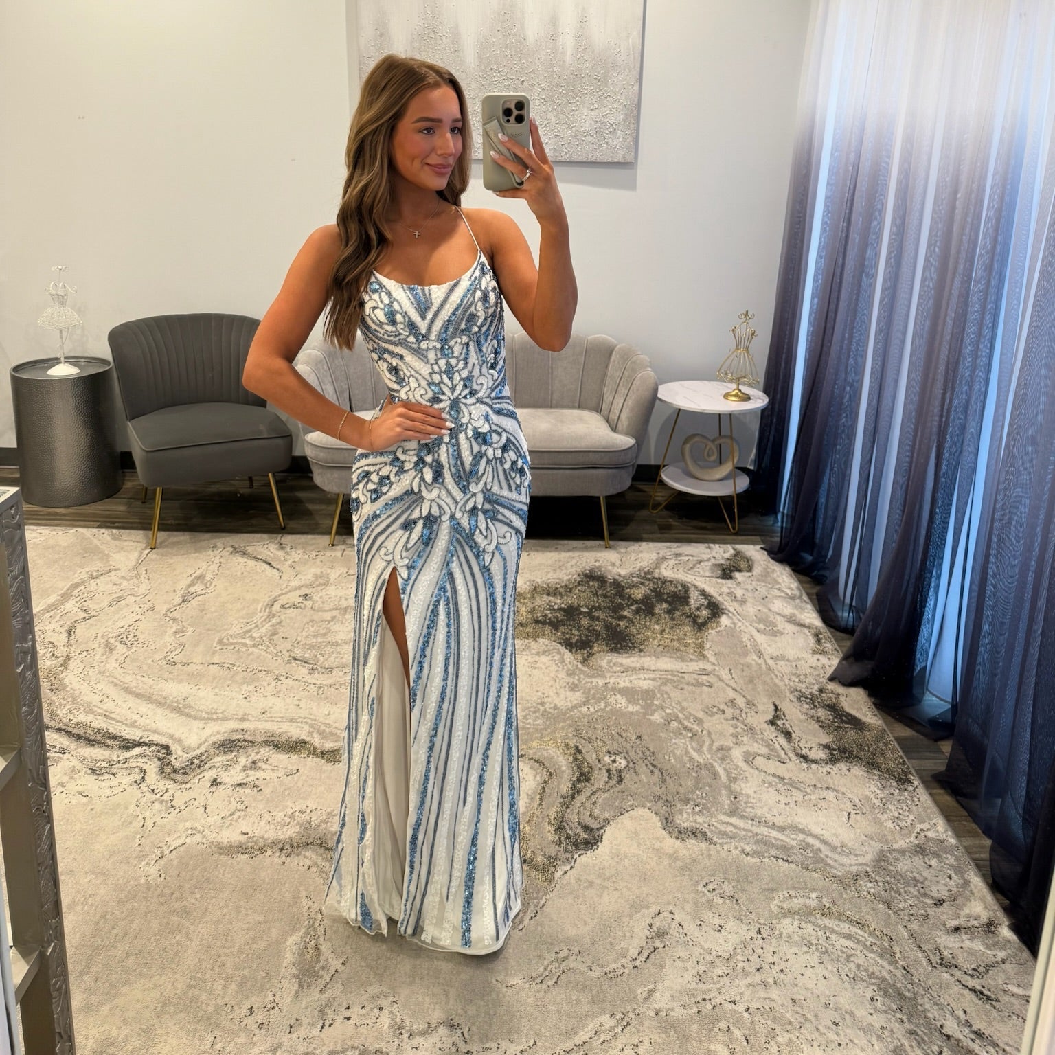 Primavera 4519 Ivory Blue Prom Dress with Slit and Lace Up Back 