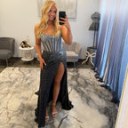 Sherri Hill 56620 Black Silver Prom Dress with a slit JoycesTPR