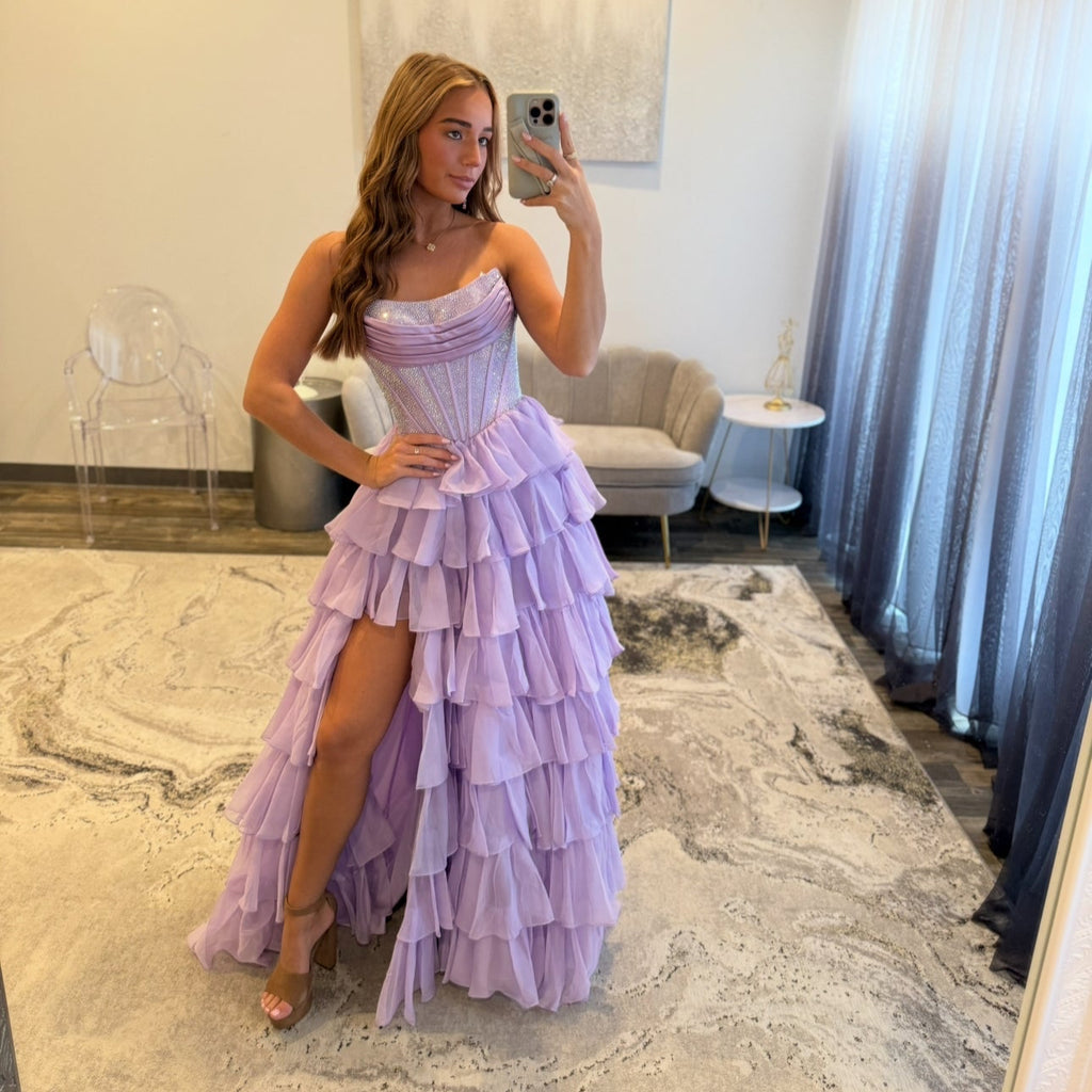Sherri Hill 57288 Lilac Prom Dress Ruffle Corset Lace Up Back 