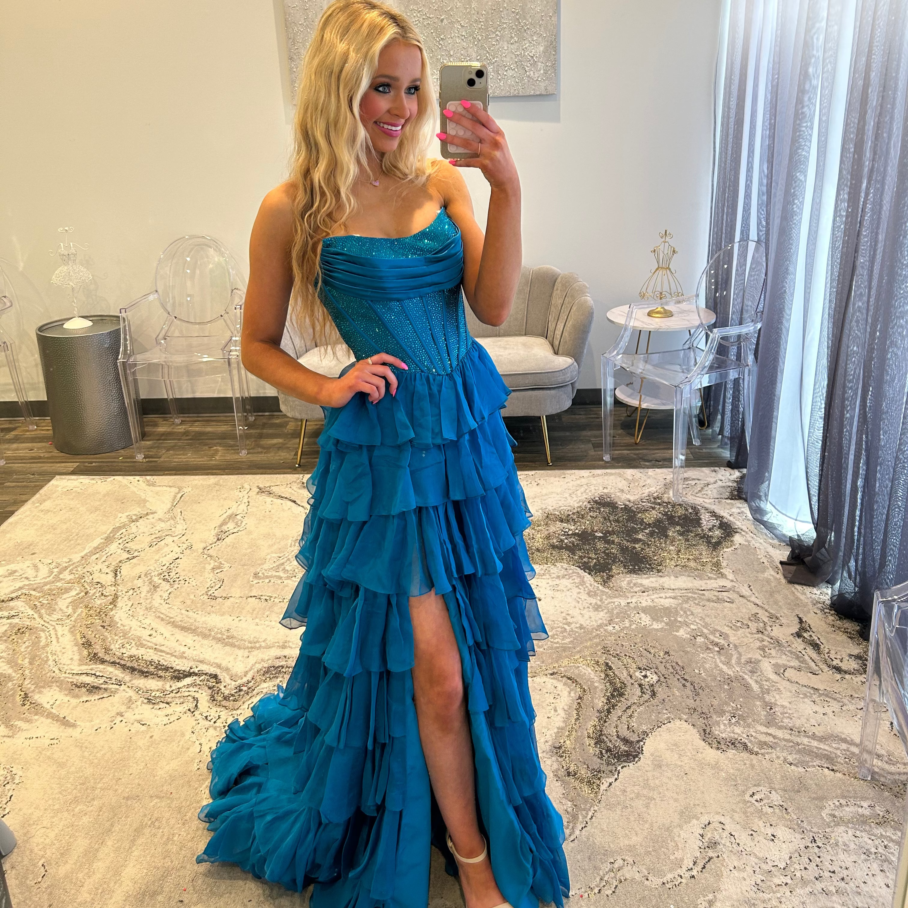 Sherri Hill 57288 Peacock Ruffled Corset Lace Up Prom Dress
