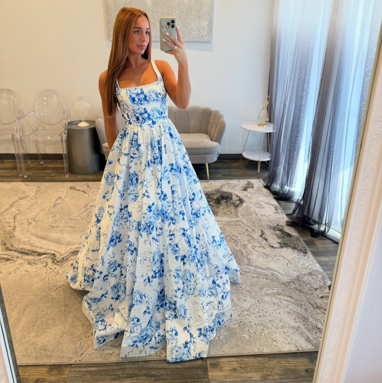 Sherri Hill 57289 Ivory Blue Print Dress 