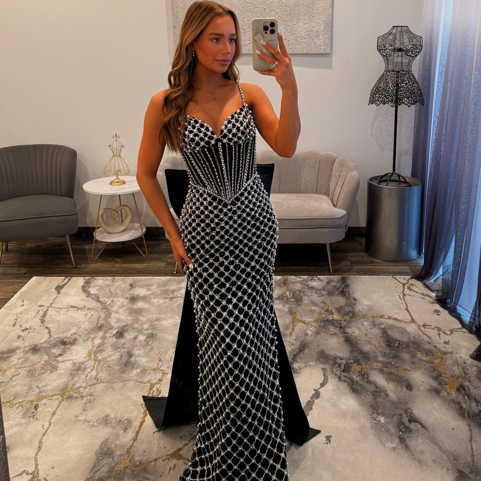 Sherri Hill 57560 Black Ivory Silver Pearl Prom Dress with Bow