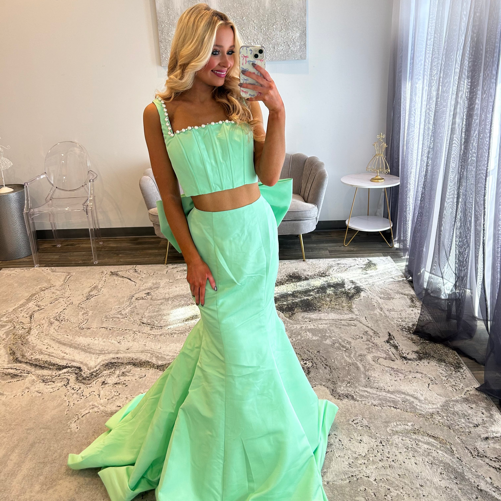 Sherri Hill 57616 Light Green Prom Dress Two Piece with Pearls and Bow 