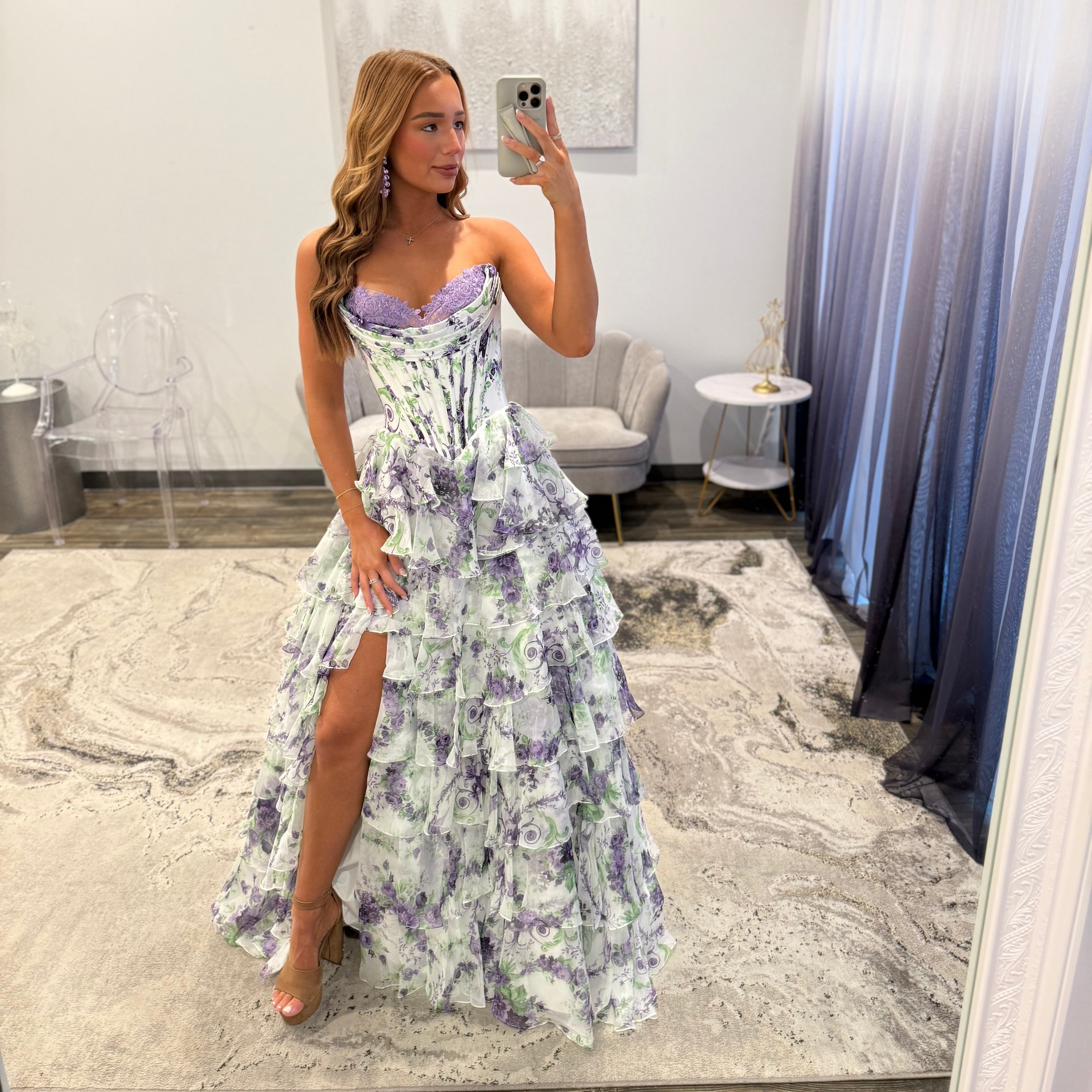 Sherri Hill 57692 Purple Green Floral Print Prom Dress 