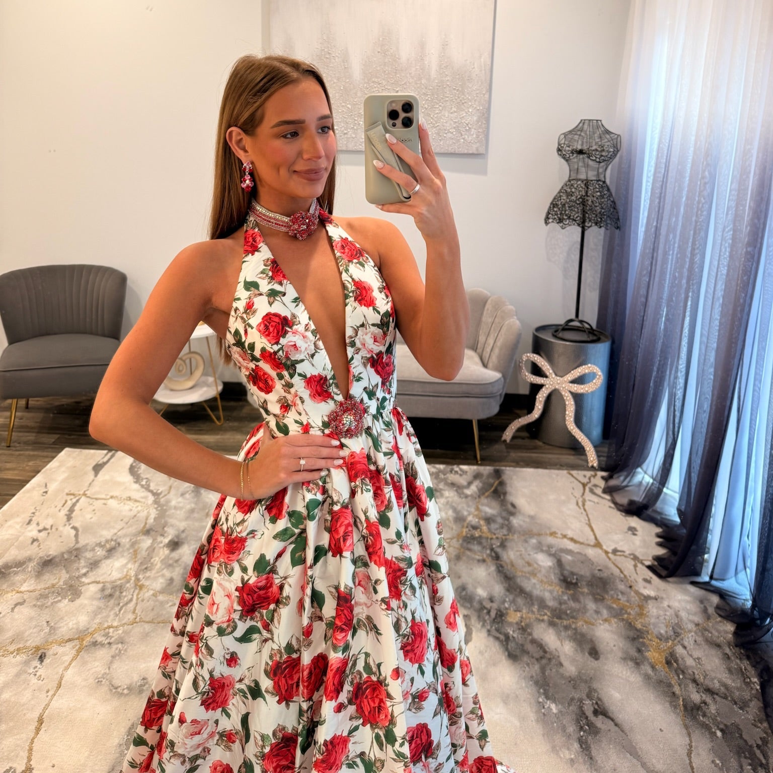 Sherri Hill 57726 Ivory Print Ballgown JoycesTPR Up Close 