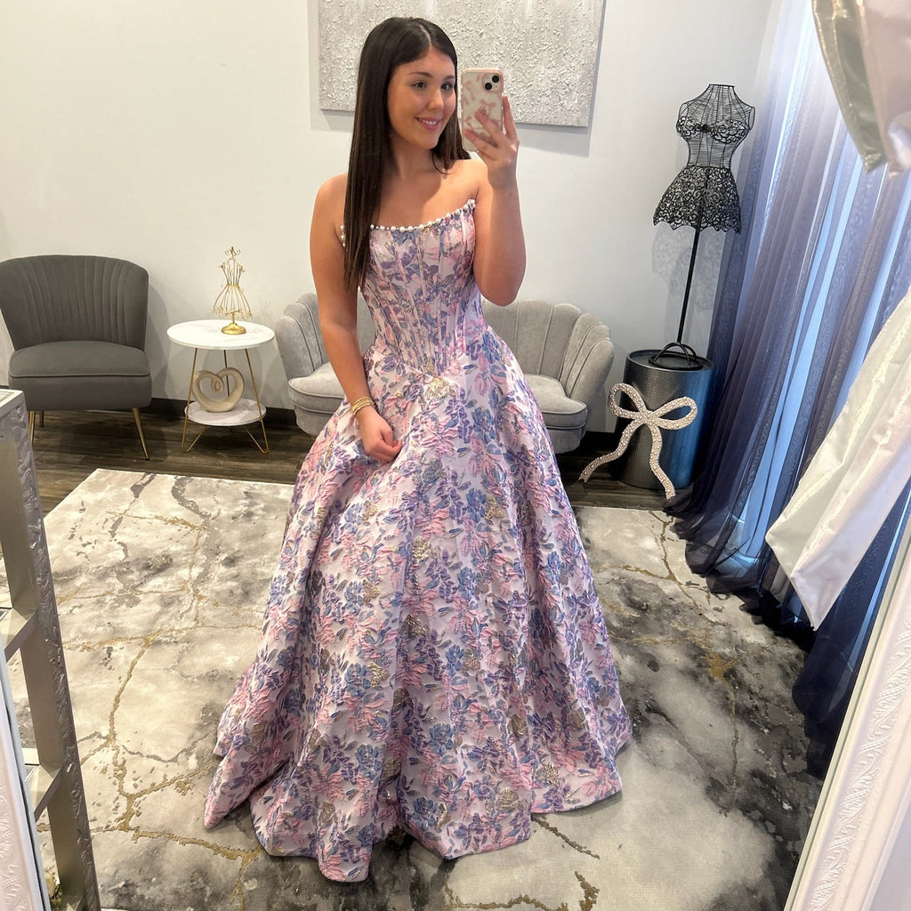 Sherri Hill 57741 Lilac Pink Blue Print Floral Brocade Prom Dress 