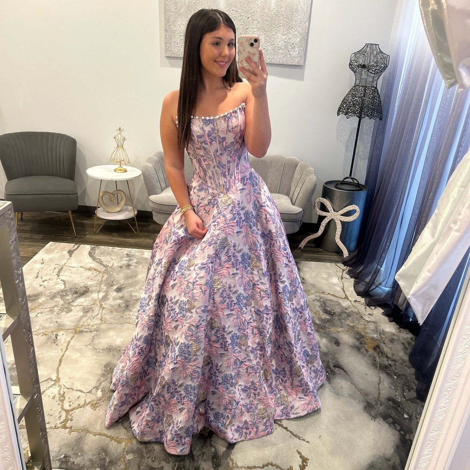 Sherri Hill 57741 Lilac Pink Blue Print Floral Brocade Prom Dress 