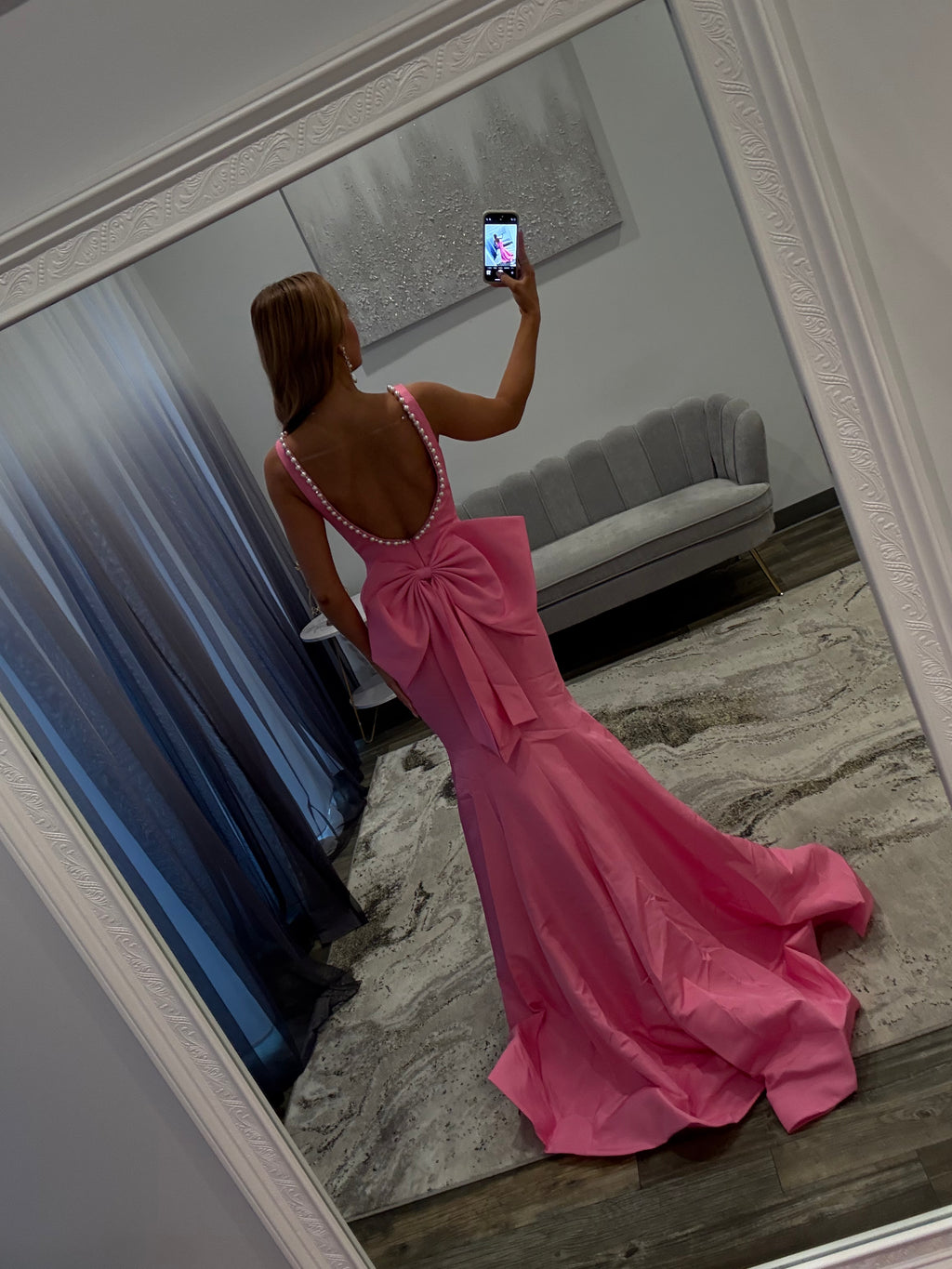 Sherri Hill 57743 Black Prom Dress with Pearls and Bow Back 
