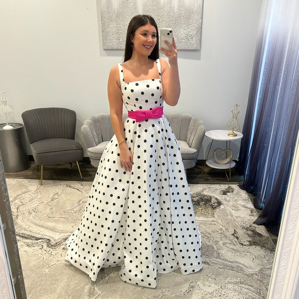 Sherri Hill 57748 Ivory Black Fuchsia Polka Dot Prom Dress with Bow 